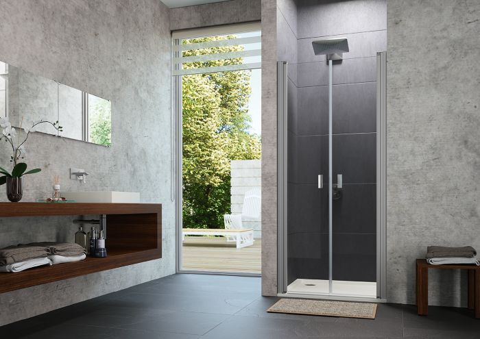 Drzwi wahadłowe HUPPE Design pure 880 x 1900 mm srebrne matowe szkło hartowane przezroczyste z powłoką Anti-Plaque | 8P1308087322