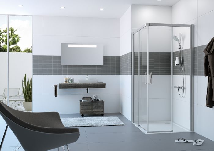 Drzwi suwane 2-częściowe, narożnikowe HUPPE Classics 2 EasyEntry E2 750 strona prawa 750 x 2000 mm srebrne połysk szkło hartowane przezroczyste z powłoką Anti-Plaque | C25207069322