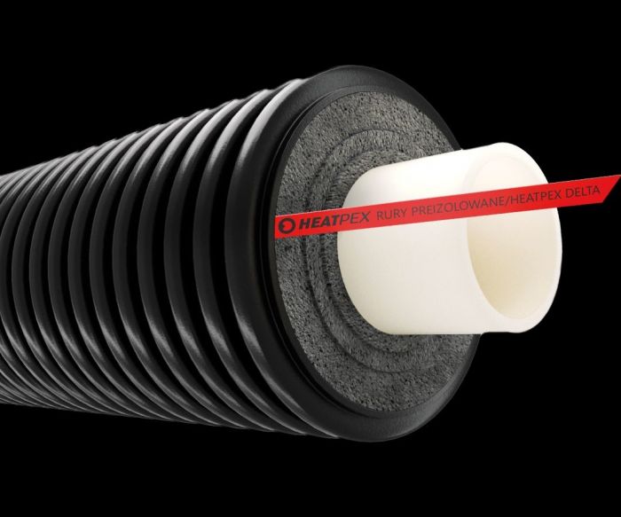 Rura PEX-a / HDPE preizolowana podwójna z barierą antydyfuzyjną EVOH do przesyłu czynnika grzewczego (c.o) 125 x 11,4 / 200 mm HEATPEX DELTA PEX HEAT UNO 125/200 | 70620012500W