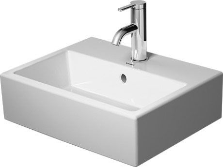 Vero Air umywalka ceramiczna meblowa mała z otworem z przelewem z półką na baterię 450 x 350 x 165 mm biały alpin z mocowaniem w komplecie