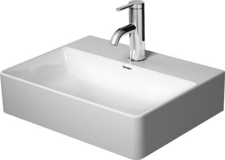 DuraSquare umywalka DuraCeram meblowa mała prostokątny z otworem bez przelewu z półką na baterię 450 x 350 x 140 mm biały alpin z powłoką WonderGliss od spodu glazurowana zawór pionowy z ceramiczną osłoną w komplecie