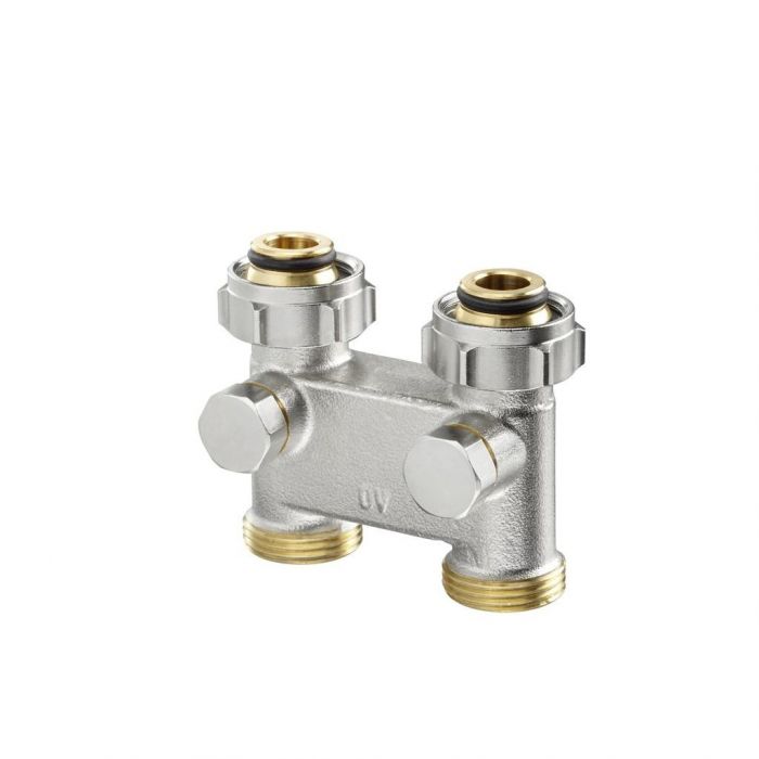 Złącze krzyżowe z odcięciem proste do grzejników zaworowych z mosiądzu OVENTROP NZ 3/4" x GZ 3/4" rozstaw osi 50 mm | 1016362