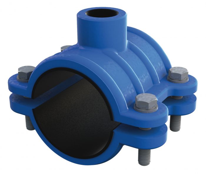 Obejma z odejściem rury PE/PVC 160x11/4” _|_DOMEX 136C160032E01AXXXX