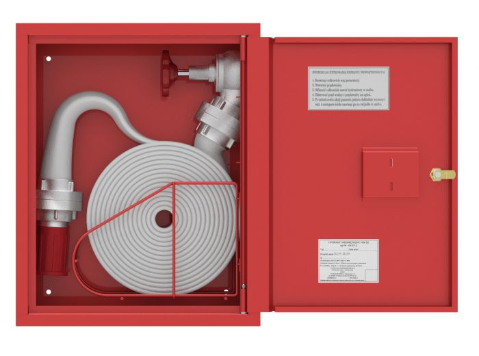 Hydrant wewnętrzny natynkowy z koszem HW-52N-20-KO BPP drzwi pełne, zamek patent, wąż 20 m 420 x 530 x 180 mm RAL 9010 biały