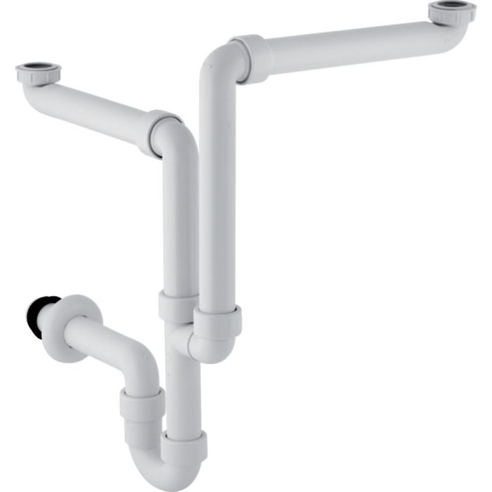 Syfon umywalkowy z odpływem poziomym GEBERIT do dwóch umywalek z tworzywa sztucznego G 1 1/2" x 1 1/4" x 40 mm biały alpin model oszczędzający miejsce | 151114111