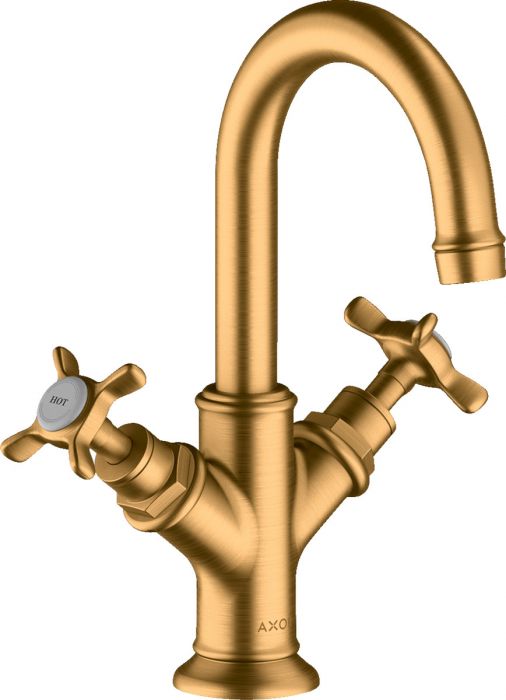 Bateria umywalkowa stojąca z uchwytami krzyżowymi HANSGROHE Axor Montreux 2-uchwytowa 1-otworowa złota optycznie szczotkowana z wylewką obrotową o 120° zawiera: zestaw odpływowo-przelewowy | 16505250
