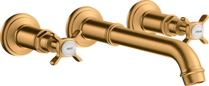 Bateria umywalkowa ścienna podtynkowa HANSGROHE Axor Montreux 2-uchwytowa 3-otworowa złoty optyczny szczotkowany zawiera: zestaw odpływowo-przelewowy | 16532250