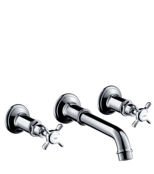 Bateria umywalkowa ścienna HANSGROHE Axor Montreux 2-uchwytowa 3-otworowa nikiel szczotkowany zawiera: zestaw odpływowo-przelewowy  | 16532820