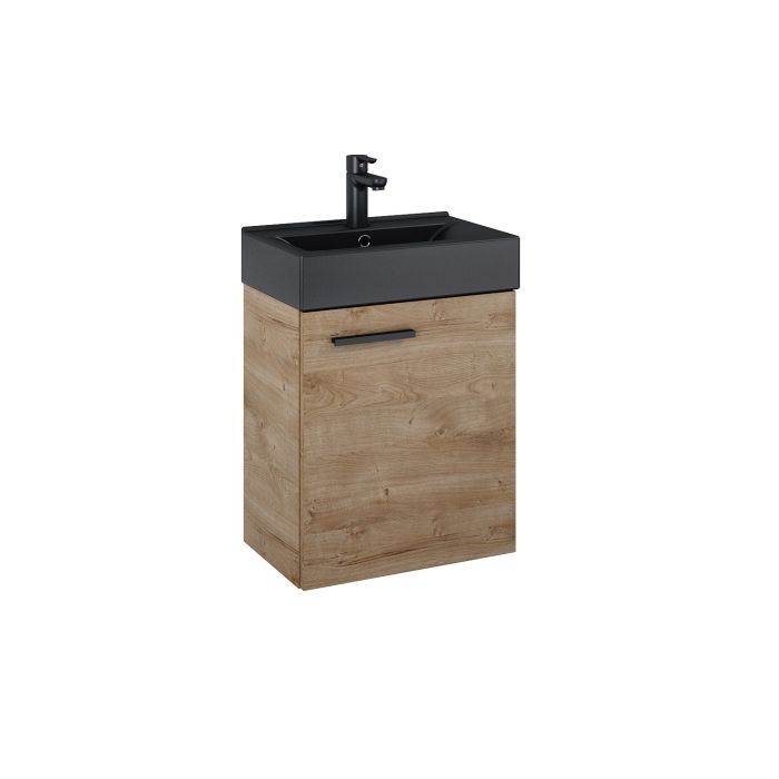Zestaw łazienkowy 450 x 300 x 600 mm dąb canela ROCA Tiny 45 1D zawiera: szafkę z 1 drzwiczkami + umywalkę Tiny Black | RE020451157050