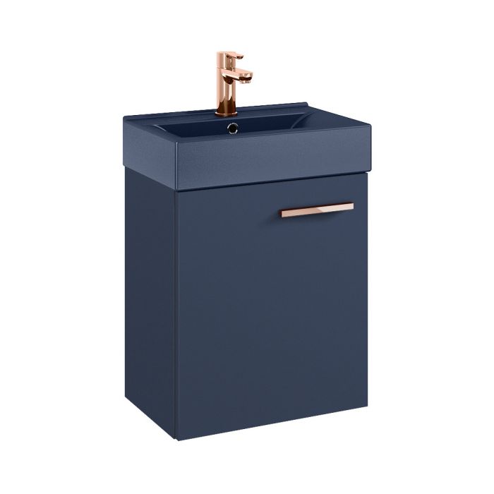 Zestaw łazienkowy podwieszana front i korpus wykonany z płyty 16mm laminowanej 450 x 305 x 610 mm navy blue matt ROCA Tiny Set 45 1D zawiera: szafkę z umywalką ceramiczną TINY w kolorze szafki, regulowana półka wewnętrzna | RE020450157030