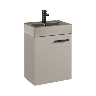Zestaw łazienkowy podwieszana front i korpus wykonany z płyty 16mm laminowanej 450 x 305 x 610 mm fume matt ROCA Tiny Set 45 1D zawiera: szafkę z umywalką ceramiczną TINY w kolorze szafki, regulowana półka wewnętrzna | RE020450157020