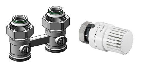 Zestaw grzejnikowy Termostat Vindo TH 0*1-5 + Multiflex FB-podwójne przyłącze z odcięciem, 3/4NZx3/4GZ, mosiądz, niklowane