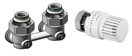 Zestaw grzejnikowy Termostat Vindo TH 0*1-5 + Multiflex FB-podwójne przyłącze z odcięciem, kątowe, 3/4NZx3/4GZ, mosiądz, niklowane