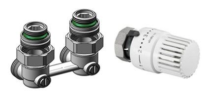 Zestaw grzejnikowy Termostat Vindo TH 0*1-5 + Multiflex FB-podwójne przyłącze z odcięciem, kątowe, 1/2GZx3/4GZ, mosiądz, niklowane