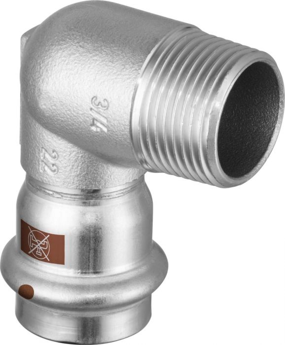 Złączka przejściowa kątowa 90° z SC‑Contur ze stali nierdzewnej przyłącze zaprasowywane 15 mm x 3/8" GZ Temponox 1714.1