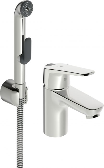 Bateria umywalkowa sztorcowa ORAS VEGA 1-uchwytowa 1-otworowa mosiężna chrom ze stałą wylewką z rączką natrysku Bidetta, wężem natrysku 175 mm i uchwytem ściennym | 1812FG