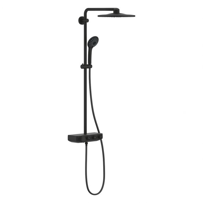 System prysznicowy termostatyczny GROHE EUPHORIA SMARTCONTROL 310 DUO phantom black w komplecie: ramię prysznicowe 450 mm, słuchawka prysznicowa Euphoria 110 Massage, uchwyt, Silverflex wąż prysznicowy 1750 mm 28388, EasyReach zintegrowana półka  | 22120K