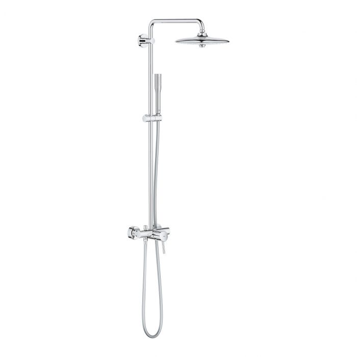 System prysznicowy z jednouchwytową baterią ścienną, deszczownica 3 rodzaje strumieni ( Rain, SmartRain, Jet ) GROHE Euphoria System 260 mosiądz deszczownica d260 mm chrom elementy składowe: poziome obrotowe ramię 450 mm, natynkowa jednouchwytowa bateria