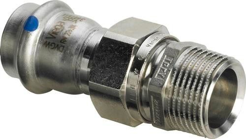 Dwuzłączka przejściowa ze stali nierdzewnej z SC-Contur, labs-frei (odtłuszczone), uszczelnienie płaskie 18 mm x 1/2" GZ Sanpress Inox 2365LF