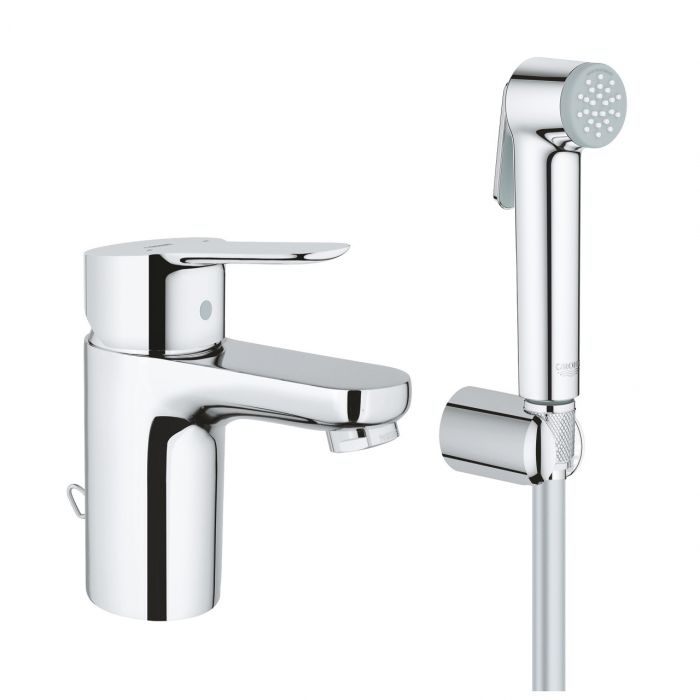 Bateria umywalkowa stojąca GROHE BauEdge 1-uchwytowa 1-otworowa mosiężna DN 15 chrom z zestawem prysznicowym: słuchawka z wbudowanym przełącznikiem, uchwyt prysznicowy ścienny, wąż prysznicowy | 23757000