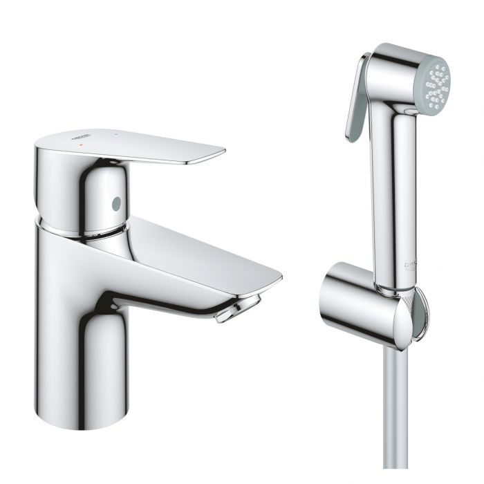 Bateria umywalkowa stojąca GROHE BauEdge 1-uchwytowa 1-otworowa chrom z zestawem prysznicowym: słuchawka z wbudowanym przełącznikiem, uchwyt prysznicowy ścienny, wąż prysznicowy 1500 mm (28143000)  | 23757001