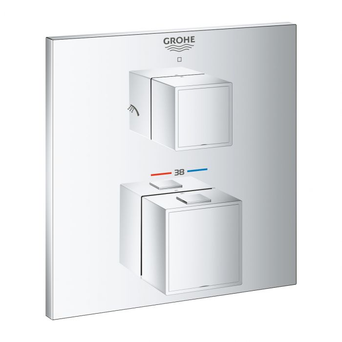 Grohtherm Cube element natynkowy do montażu gotowego z Rapido SmartBox 35600000 do baterii prysznicowej termostatycznej podtynkowej do obsługi dwóch wyjść wody 158 x 158 mm chrom TurboStat, Long-Life Shine, QuickFix, SafeStop, SafeStop Plus, Aquadimmer