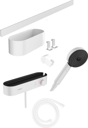 Zestaw prysznicowy HANSGROHE WallStoris ścienny DN 15 biały mat w składzie: główka prysznicowa 105 3jet EcoSmart Activation, bateria termostatyczna, wąż prysznicowy, panel ścienny, kosz do przechowywania, wieszak na ręcznik, suwak | 24250700