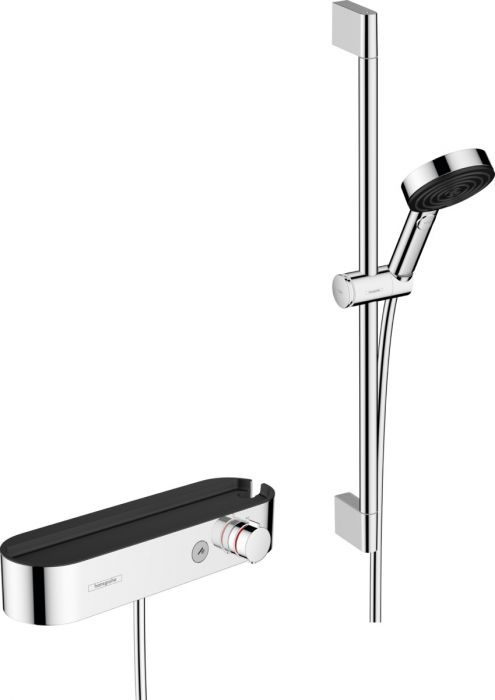 Zestaw prysznicowy 3jet HANSGROHE Pulsify S natynkowy chrom w komplecie: główka prysznicowa 105 mm, bateria termostatyczna, drążek prysznicowy 669 mm, suwak, wąż prysznicowy | 24260000