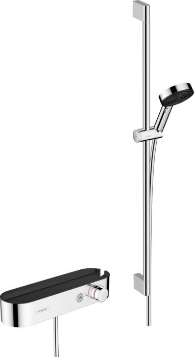 System prysznicowy 3jet, z baterią termostatyczną HANSGROHE Pulsify Select S 105 Relaxation chrom w komplecie: CoolContact bateria termostatyczna, główka prysznicowa 105 mm, suwak, drążek prysznicowy 959 mm, wąż prysznicowy | 24270000