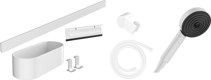 Pakiet HANSGROHE WallStoris ścienny DN 15 biały mat w składzie: główka prysznicowa 105 3jet (PowderRain, IntenseRain, MonoRain) Activation EcoSmart, wąż prysznicowy, panel ścienny 70cm, kosz do przechowywania, wieszak na ręcznik, suwak, ściągaczka | 2429