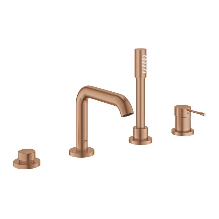 Bateria wannowa stojąca GROHE Essence 1-uchwytowa 4-otworowa brushed warm sunset w zestawie: wąż prysznicowy 2000 mm chrom, wylewka wannowa z perlatorem, przełącznik wanna/prysznic, słuchawka prysznicowa (26465), giętkie węże przyłączeniowe, przyłącze węż