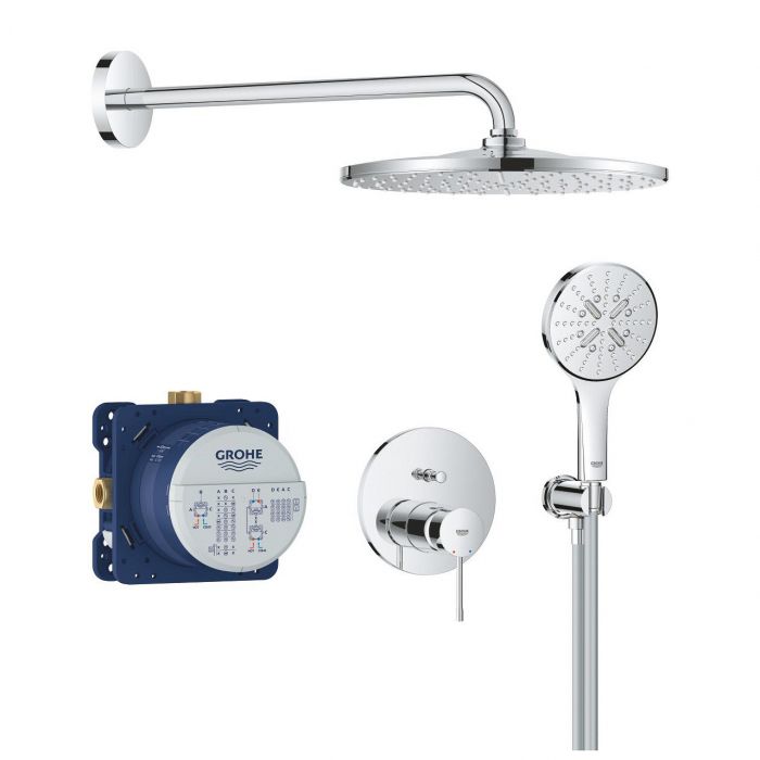 Zestaw prysznicowy podtynkowy GROHE Essence zawiera: 1uchwytową baterię podtynkową (24167), Rapido SmartBox (35 604), deszczownicę Rainshower Mono 310, Rainshower SmartActive 130, wąż 1500mm | 25287000