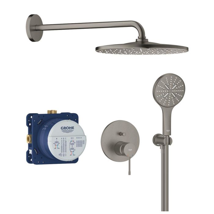 Podtynkowy zestaw prysznicowy z deszczownicą Rainshower Mono 310 GROHE Essence brushed hard graphite w komplecie jednouchwytowa bateria  podtynkowa do obsługi dwóch wyjść wody (24 167),uniwersalny element podtynkowy (35 604), deszczownica, słuchawka prysz