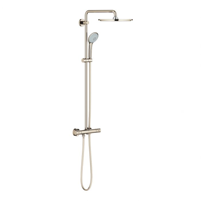 System prysznicowy z termostatem GROHE Euphoria XXL System 310 ścienny polished nickel w komplecie: ramię 450 mm termostat natynkowy, Rainshower Cosmopolitan 310 deszczownica 27477000, prysznic ręczny Euphoria 110 Massage 27221, uchwyt, Silverflex wąż 175