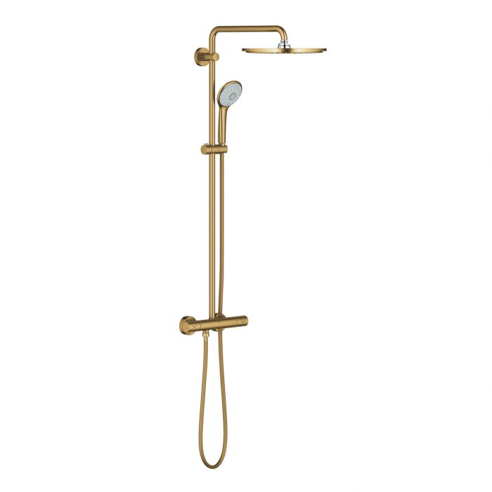 System prysznicowy ścienny z termostatem GROHE Euphoria XXL System 310 brushed cool sunrise w zestawie: bateria termostatyczna, deszczownica o średnicy 310 mm, ramię prysznica, słuchawka prysznicowa z drążkiem i wężem 1750 mm  | 26075GN0