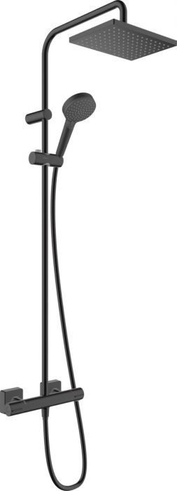 Komplet prysznicowy 1jet, strumień Rain, z baterią termostatyczną prysznicowa HANSGROHE Vernis Shape 230 wielkość głowicy: 230 x 170 mm, długość rury: 1124 mm, długość ramienia prysznicowego: 426 mm DN 15 czarna mat 2 odbiorniki składa się z: głowica prys