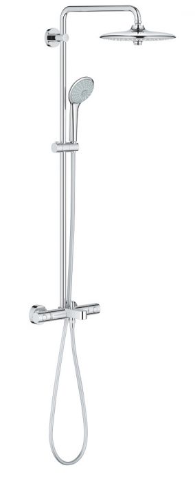 System wannowo-prysznicowy ścienny GROHE Euphoria System mosiężny chrom z termostatem zawiera: poziome obrotowe ramię 450 mm termostat natynkowy z funkcją Aquadimmer przełącznik: deszczownica/ prysznic ręczny deszczownica, prysznic ręczny, wąż prysznicowy