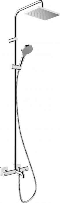 Zestaw prysznicowy 1 jet HANSGROHE Vernis Shape 230 chrom w komplecie: głowica prysznicowa Vernis Shape 230 x 170 mm, prysznic ręczny, bateria wannowa termostatyczna, wąż prysznicowy, suwak | 26284000