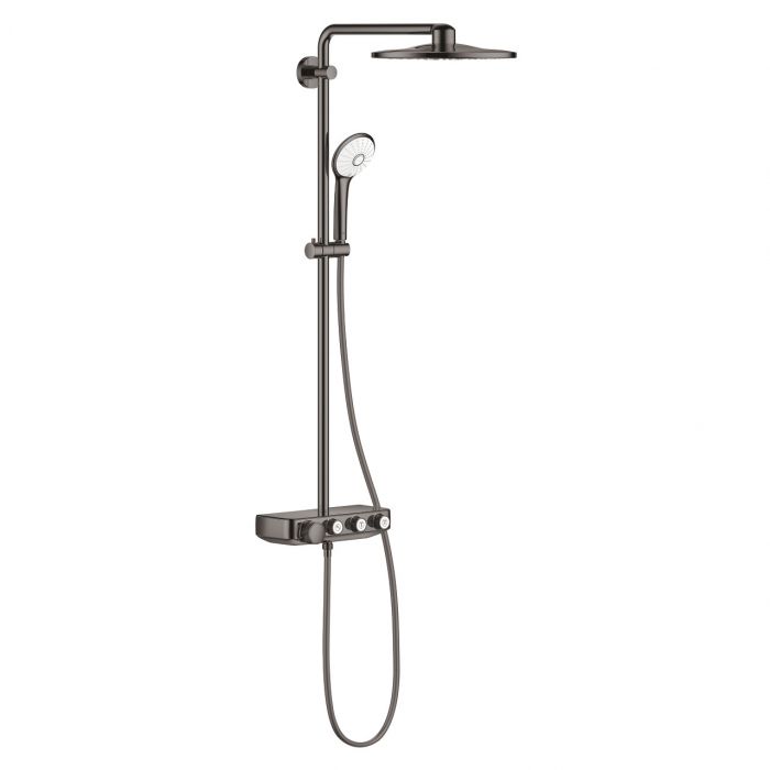 System prysznicowy GROHE Euphoria SmartControl 310 Duo ścienny hard graphite z termostatem w komplecie: ramię prysznicowe 450 mm, Rainshower SmartActive 310 deszczownica, Euphoria 110 Massage słuchawka prysznicowa, biała tarcza słuchawki, uchwyt, Silverfl