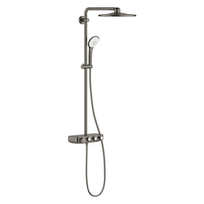 System prysznicowy z termostatem GROHE Euphoria SmartControl 310 Duo ścienny brushed hard graphite zawiera: ramię prysznicowe 450 mm, Euphoria 110 Massage słuchawka prysznicowa, biała tarcza słuchawki, Silverflex wąż prysznicowy 1750 mm 28388000 | 26507A