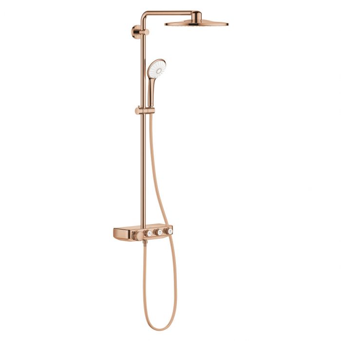 System prysznicowy GROHE Euphoria SmartControl 310 Duo mosiężny ścienny warm sunset z termostatem w komplecie: ramię 450 mm, wspornik górny regulowany, Rainshower SmartActive 310 deszczownica, Euphoria 110 Massage słuchawka, uchwyt, Silverflex wąż 1750 mm