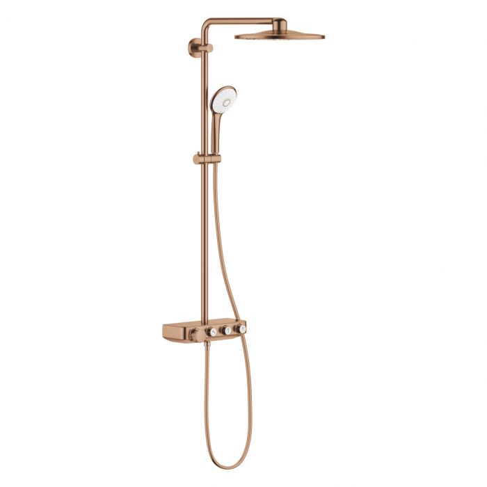 System prysznicowy z termostatem GROHE Euphoria SmartControl 310 Duo ścienny brushed warm sunset zawiera: ramię prysznicowe 450 mm, Euphoria 110 Massage słuchawka prysznicowa, biała tarcza słuchawki, Silverflex wąż prysznicowy 1750 mm 28388000 | 26507DL0