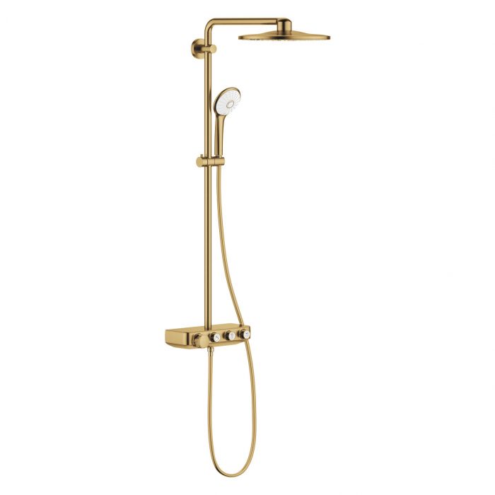 System prysznicowy GROHE Euphoria SmartControl 310 Duo ścienny brushed cool sunrise z termostatem w komplecie: ramię prysznicowe 450 mm, Rainshower SmartActive 310 deszczownica, Euphoria 110 Massage słuchawka prysznicowa, biała tarcza słuchawki, uchwyt, S