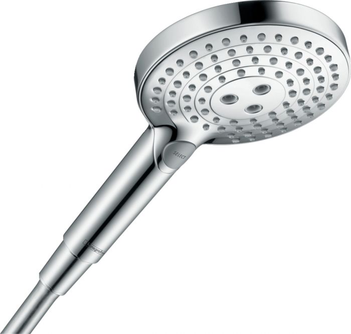 Główka prysznicowa PowderRain Green, 3 rodzaje strumienia PowderRain, Rain, Whirl HANSGROHE Raindance Select E 120 3jet okrągły d120 mm, gwint przyłączeniowy G 1/2 chrom | 26516000