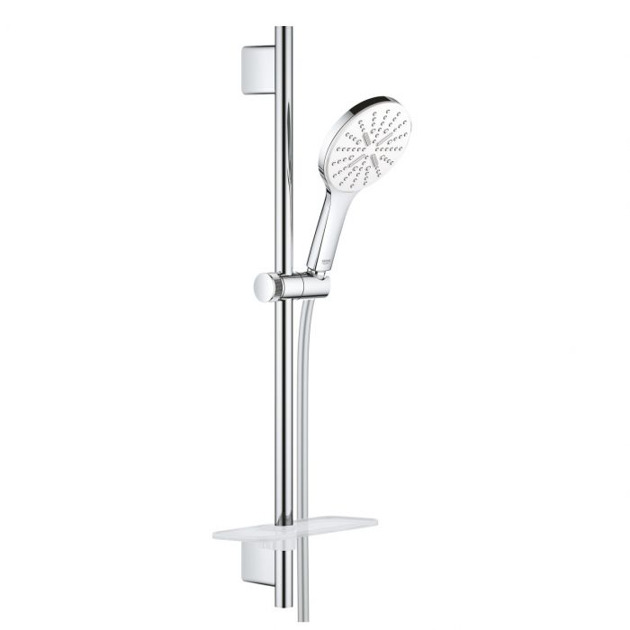 Zestaw prysznicowy 3-strumieniowy GROHE Rainshower SmartActive 130 moon white/chrom w komplecie: półka, drążek prysznicowy 600 mm, rączka prysznicowa Rainshower SmartActive 130, wąż prysznicowy Silverflex 1750 mm  | 26577LS0