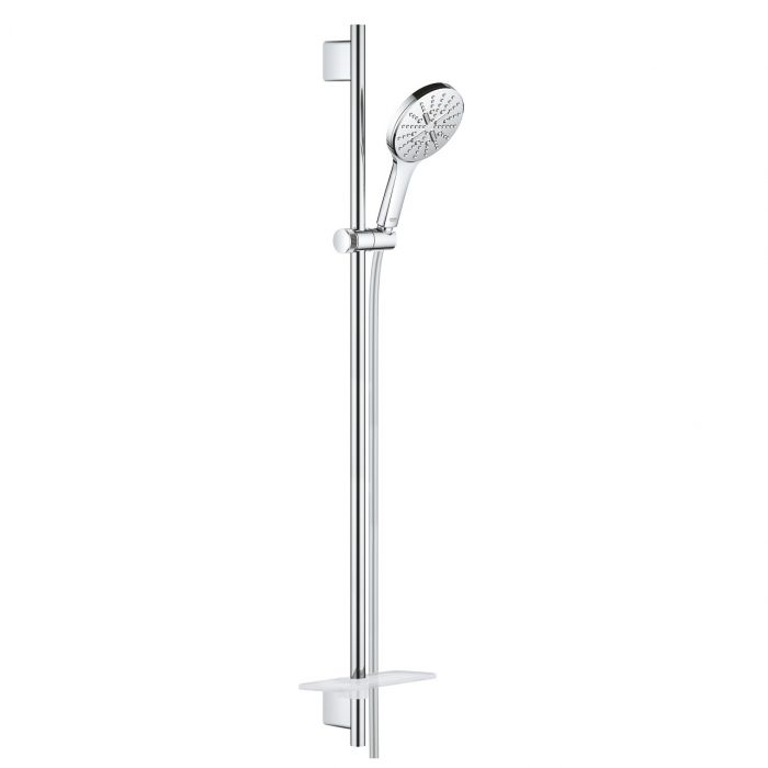 Zestaw prysznicowy 3-strumieniowy GROHE Rainshower SmartActive 130 chrom w komplecie: prysznic ręczny Rainshower SmartActive 130 (26544), drążek 900 mm z uchwytami ściennymi, Silverflex wąż prysznicowy 1750 mm (28388), półka GROHE EasyReach | 26578000