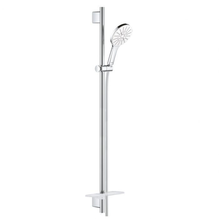 Zestaw prysznicowy 3-strumieniowy GROHE Rainshower SmartActive 130 moon white w komplecie: prysznic ręczny Rainshower SmartActive 130 (26544), drążek 900 mm z uchwytami ściennymi, Silverflex wąż prysznicowy 1750 mm (28388), półka GROHE EasyReach | 26578L