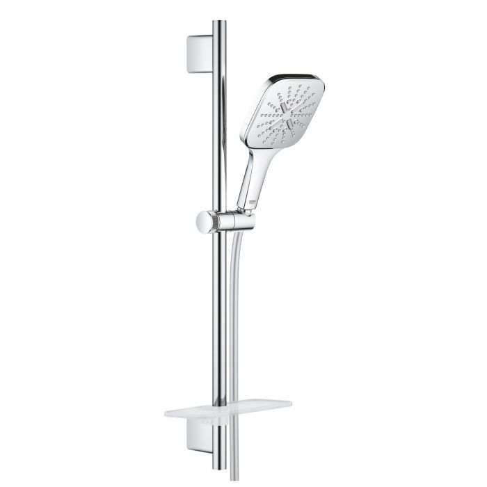 Rainshower SmartActive 130 Cube zestaw prysznicowy ścienny chrom w komplecie: słuchawka Rainshower SmartActive 130 Cube 26582, drążek 600 mm z uchwytami ściennymi, Silverflex wąż 1750 mm 28388, półka EasyReach