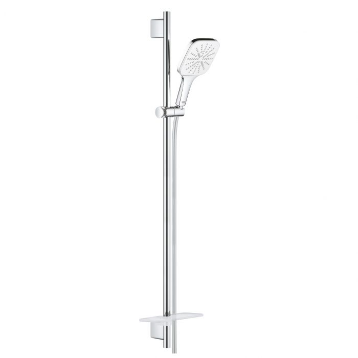 Zestaw prysznicowy GROHE Rainshower SmartActive 130 Cube ścienny moon white w komplecie: słuchawka prysznicowa Rainshower SmartActive 130 Cube (26550), drążek 900 mm z uchwytami ściennymi, Silverflex wąż prysznicowy 1750 mm (28388), półka GROHE EasyReach