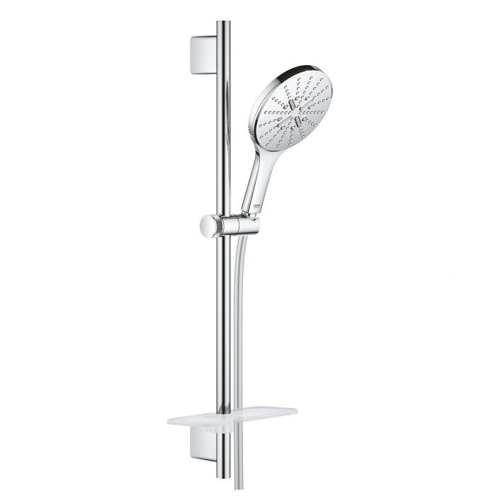 Zestaw prysznicowy 3-strumieniowy GROHE Rainshower SmartActive 150 chrom w komplecie: półka EasyReach, drążek 600 mm, wąż prysznicowy Silverflex 1750 mm 28388, rączka prysznicowa Rainshower SmartActive 150 26590 | 26592000